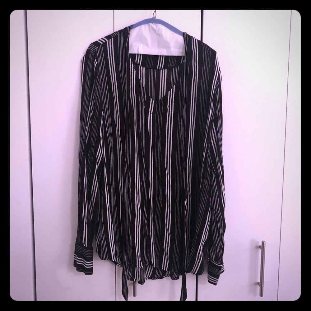 Lulu’s Black & White Stripped Blouse with Neck Tie